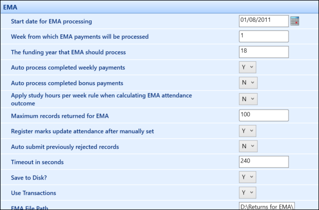 EMA institution settings screen